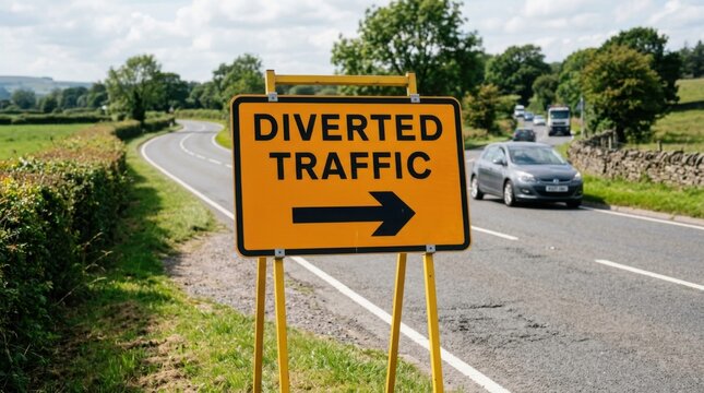 Diverted Traffic Sign Amidst Scenic Rural Roadway