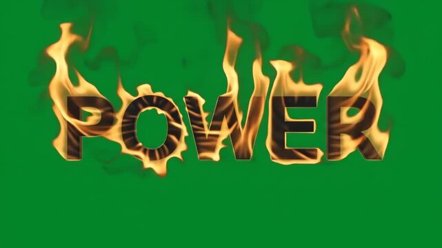 The word POWER burning brightly with orange and yellow flames against a vibrant green screen background, symbolizing strength and energy.