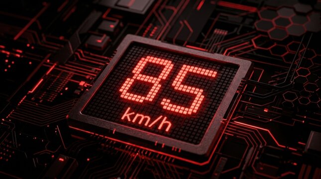 Digital Speedometer Displaying Eighty Five Kilometers Per Hour On Futuristic Circuit Board