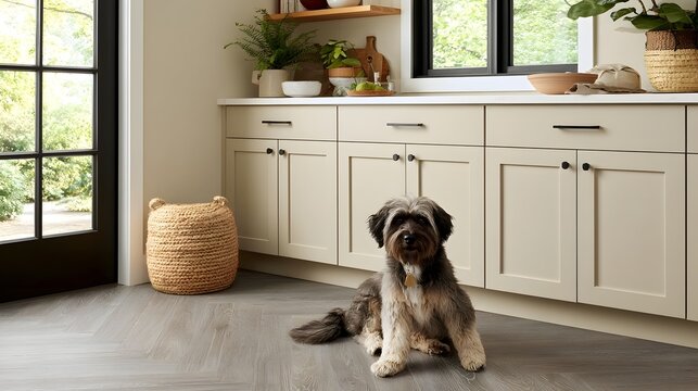 A fluffy dog sits calmly on light wood flooring beside cream colored kitchen cabinets under bright natural window light