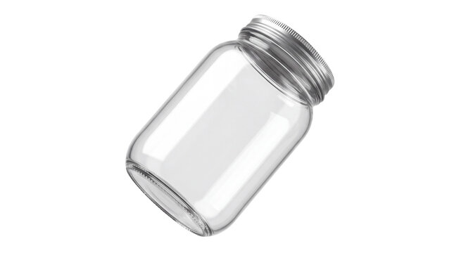 Empty clear glass jar with silver screw lid, tilted reusable food storage container mockup isolated as transparent PNG cutout for packaging design