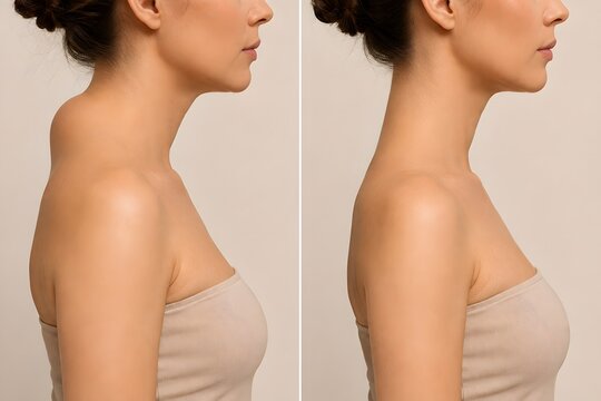 Dowager hump reduction before and after body contouring. Buffalo hump removal and neck posture correction comparison profile view