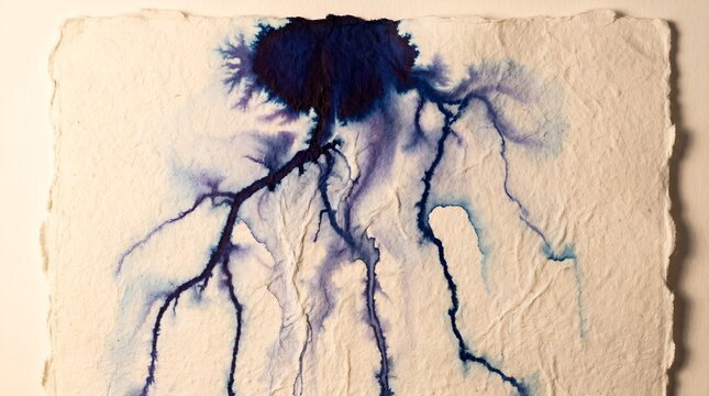 Blue Ink Bleed on Rough Handmade Paper Texture Abstract Dendrite Root Vein Pattern