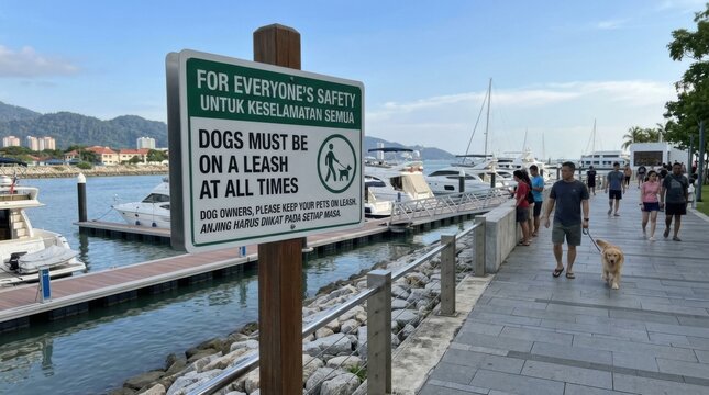 Dockside Dog Walking Rules Sign With People And Yachts