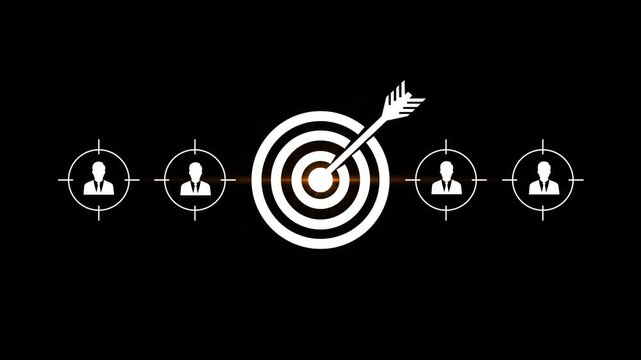 Business point at target with dart arrow symbol animation. Concept of customer targeting, business strategy, marketing success, precision advertising, sales growth, and achieving business goals.