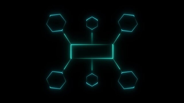 Cyan network molecule with glowing hexagonal nodes and connected lines forming a symmetrical digital pattern on black background for modern design