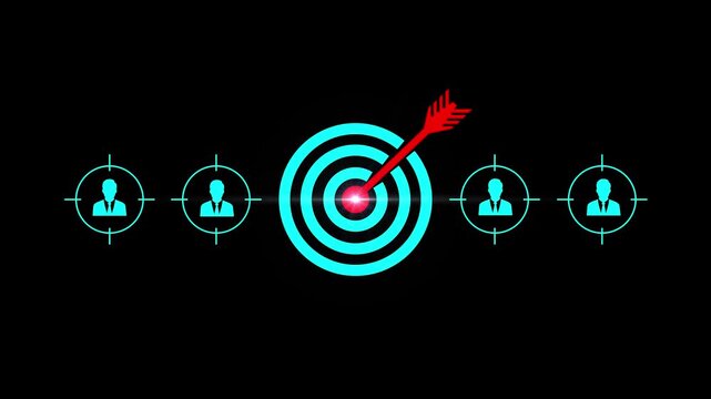 Business point at target with dart arrow symbol animation. Concept of customer targeting, business strategy, marketing success, precision advertising, sales growth, and achieving business goals.