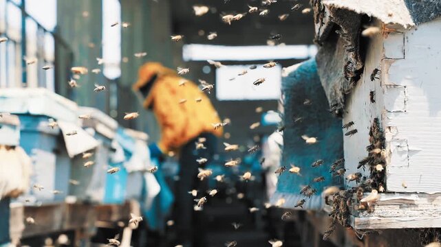 4k slow motion footage of flying bees with blurry beekeeper in the background at sunny day.
