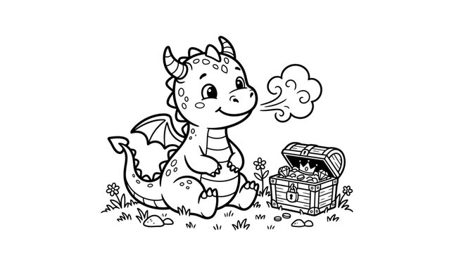 Cute baby dragon coloring page with treasure chest vector illustration for kids