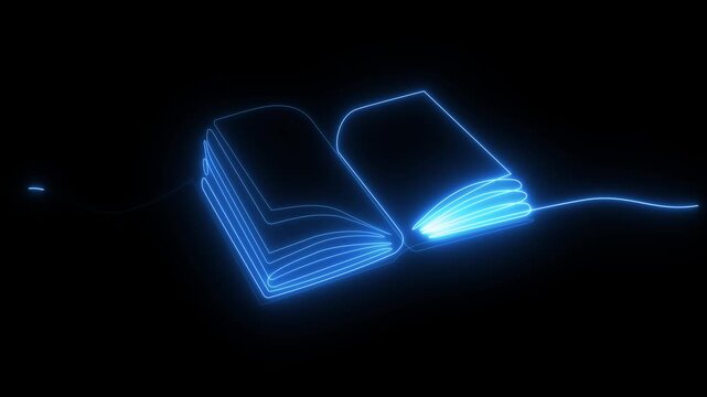 Neon Self drawing animation of open book.Motion graphic 4k animation video.