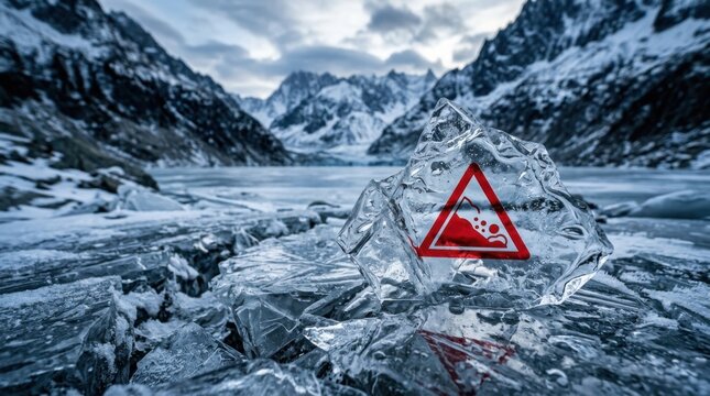 Dramatic Ice Formation With Avalanche Warning Sign In Winter Mountain Landscape