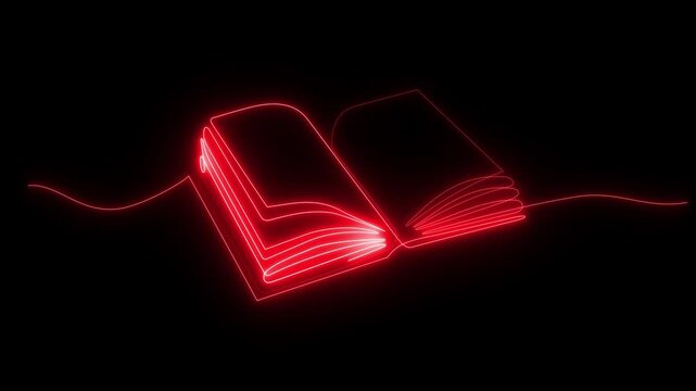 Neon Self drawing animation of open book.Motion graphic 4k animation video.