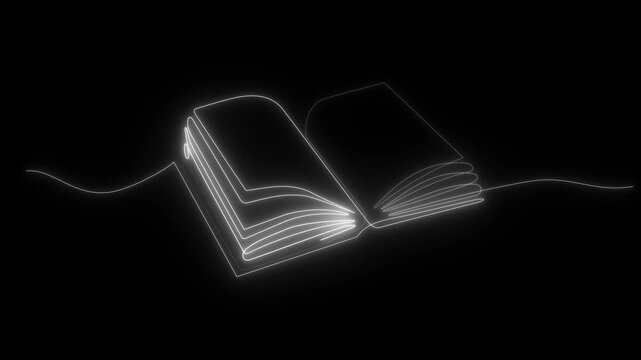 Neon Self drawing animation of open book.Motion graphic 4k animation video.