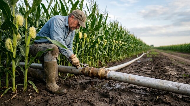 Farmer connecting irrigation pipe in cornfield, agriculture