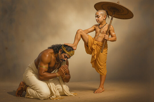 King Mahabali and Vamana Illustration &ndash; Asura King Kneeling Before Brahmin Dwarf, South Indian Onam Mythology Art