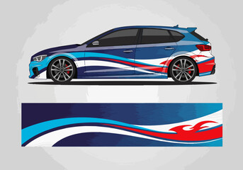 Fototapeta premium Blue sports hatchback with dynamic wave decal design