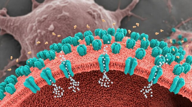 Nicotinic acetylcholine receptor proteins embedded within lipid bilayer membrane, demonstrating ligand molecules binding to synaptic channel.