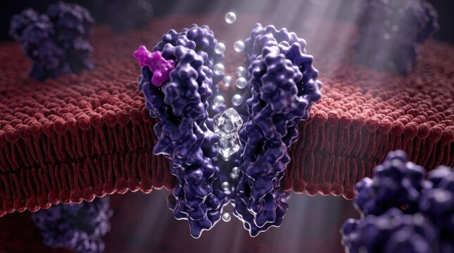 Nmda receptor protein tetramer embedded in a lipid bilayer, showing ethanol blocking the central pore, halting calcium ions to demonstrate neuropharmacology pathophysiology of alcohol inhibition.