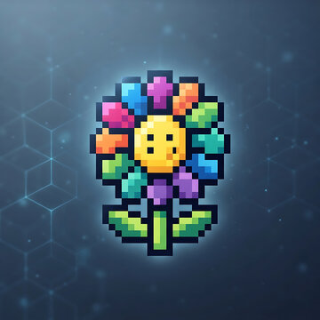 Colorful pixel art flower icon on a dark digital background with glowing light effects.