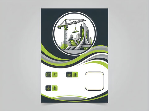 Modern construction brochure template, industrial building flyer with crane illustration, green and grey corporate report cover