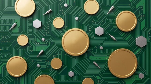 Green electronic circuit board with gold coins and microchip components
