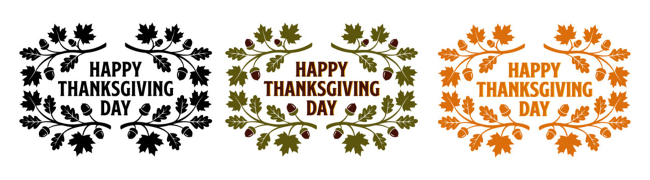 Set of three decorative happy thanksgiving day greeting card designs with oak leaves and acorns in different colors