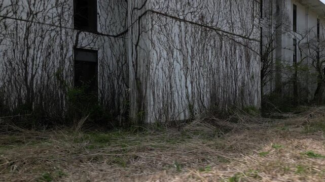 Aerial Drone View of Abandoned Himiko no Sato Resort Hotel in the Aso Grasslands, Kumamoto Japan