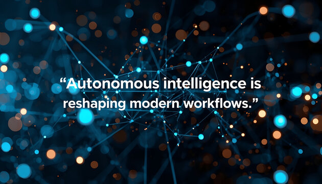 Digital network wallpaper featuring connected glowing particle nodes and text about autonomous intelligence technology.