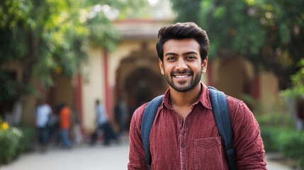 Obraz premium Handsome young indian man with a backpack smiling brightly while standing outdoors on a beautiful sunny day in early autumn