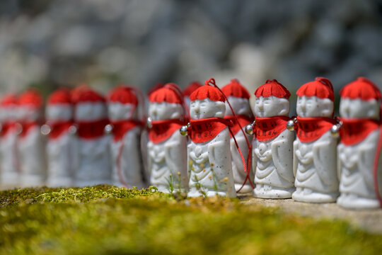 Rows of Jizo Buddhist Statues with Red Caps at Nihon-ji Temple, Mount Nokogiri, Japan