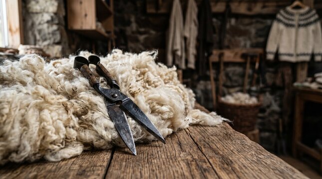 Vintage shears on raw wool, rustic wooden table, shearing tools