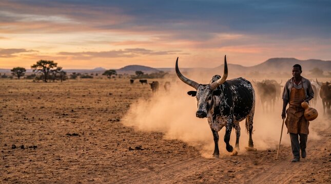 Maasai herder leads zebu cattle across savannah at sunset dusty