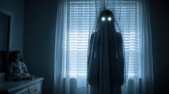 Scary dark silhouette figure standing in a room at night