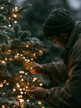 Man Decorating Christmas Tree with Fairy Lights Outdoors in Winter Snow