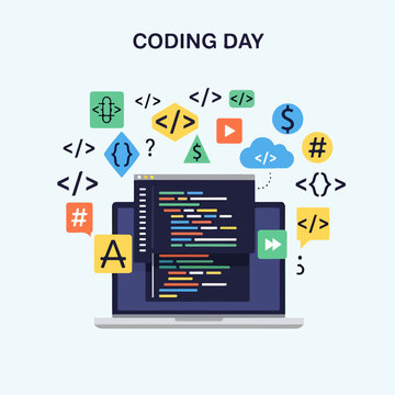 Laptop screen displaying programming code and symbols for coding day.