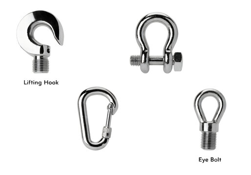 Set of stainless steel industrial lifting hooks shackles and carabiner hardware components