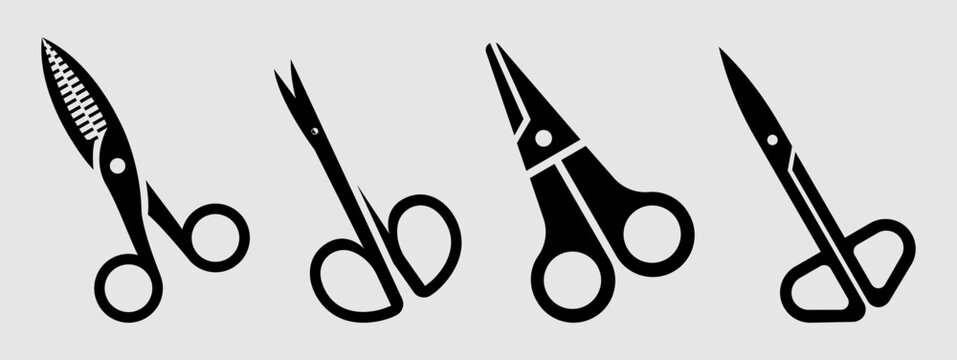 Set of black scissor vector silhouettes isolated on background, tailor shears pinking shears and craft cutting tool icon collection for sewing and salon design