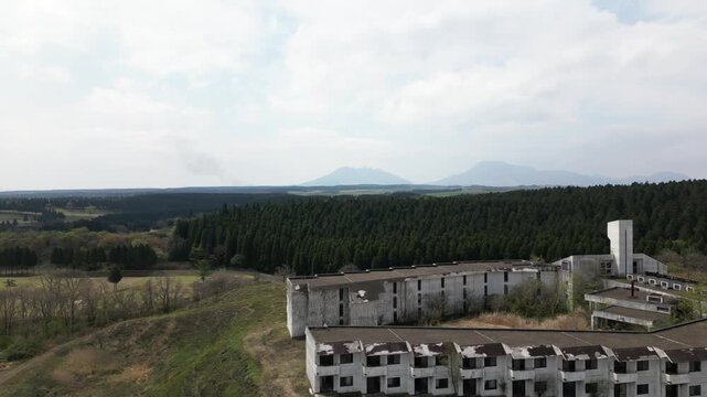 Aerial Drone View of Abandoned Himiko no Sato Resort Hotel in the Aso Grasslands, Kumamoto Japan