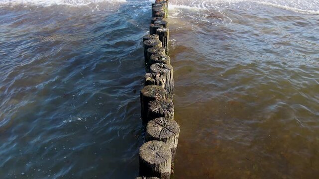 Weathered wooden groyne extends through shallow Baltic water as small waves roll toward sandy coast. Sunlight reveals rough timber texture, sea foam, currents and coastal erosion protection