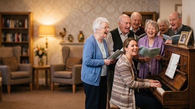 Elderly residents gathered around a piano singing together in a cozy lounge with copy space for social care ads