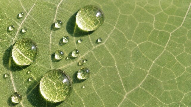 Fresh Green Leaf With Water Drops Macro Close Up.