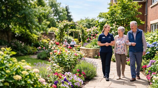 Elderly residents enjoying a garden walk with staff assistance in a beautiful nursing home courtyard with copy space