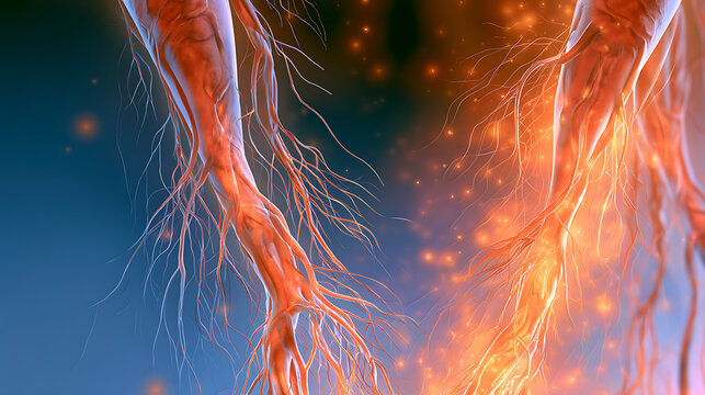 The artwork shows a human leg affected by severe varicose veins, with visible blue and purple twisted, bulging blood vessels beneath the surface of the skin.