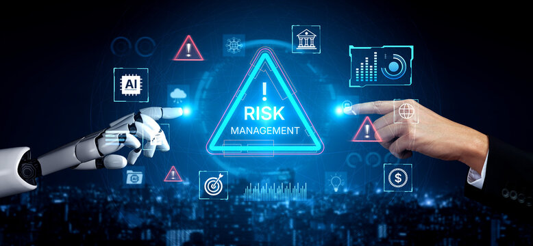 Futuristic risk management featuring AI agents analyzing data, detecting anomalies, and predict financial threats. Represents dynamic risk assessment, compliance, and cyber resilience. Corpus