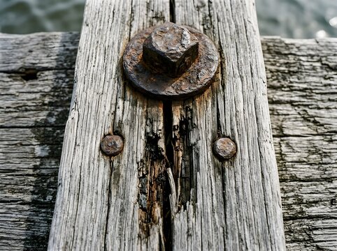 Weathered wooden pier plank with a large rusty bolt and two smaller nails