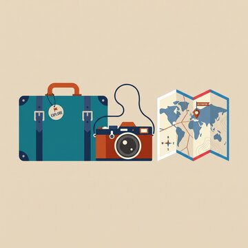 Retro Travel Vector Illustration with Suitcase, Camera, and Map