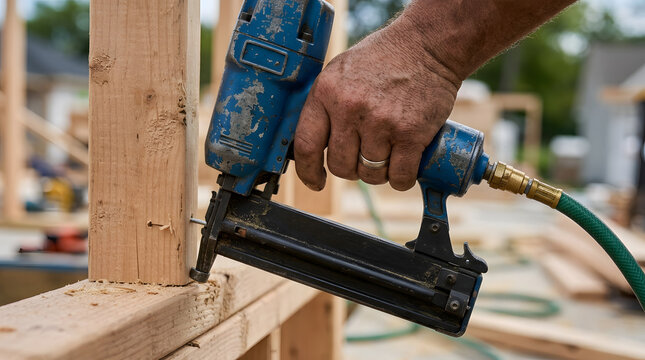 Close Up of Hand Operating Pneumatic Nail Gun on Wooden Frame | Carpenter Driving Nail into Timber Framing with Air Nailer | Construction Worker Using Blue Power Nail Gun on House Frame