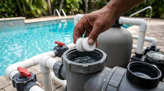 Hand Placing Chlorine Tablets into Swimming Pool Chlorinator Feeder | Swimming Pool Water Maintenance Adding Sanitizer Tablets to Feeder | Pool Maintenance Technician Loading Chlorine Tablets 