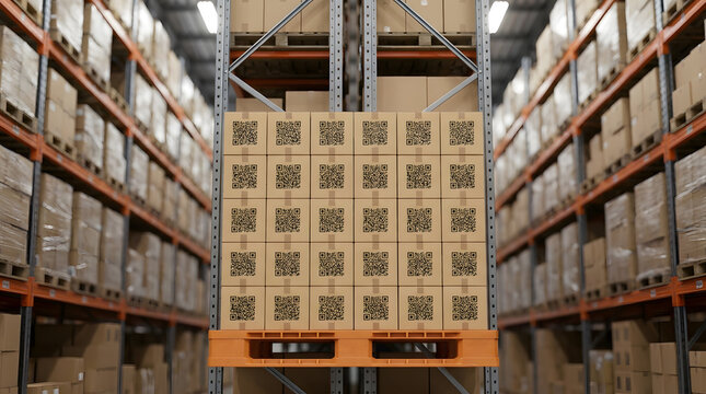 Cardboard Boxes with QR Codes Stacked on Pallet in Warehouse | Organized Stack of QR Code Shipping Boxes on High Rack Pallet | Automated Warehouse Storage Racks with Stacked QR Coded Boxes