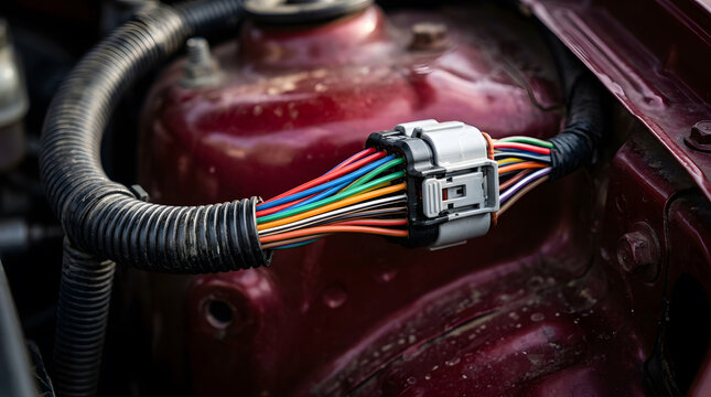 Multi-Pin Automotive Wiring Harness Connector Plug in Car Engine Bay | Close Up of Engine Wiring Harness Plug with Color Coded Wires | Car Electrical Connector Plug Attached to Wiring Loom 